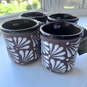 Beautiful Handmade Brown Floral Ceramic Mugs - Set of 4
